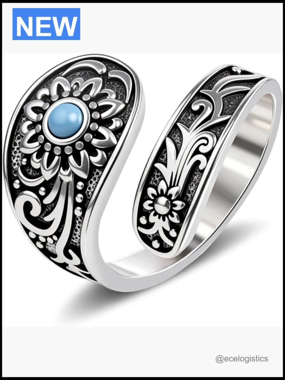Vintage Turquoise Spoon Ring - Boho Open Floral Carved Adjustable Ring